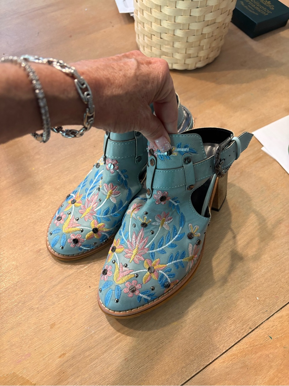 Embroidered Floral Ankle Booties - Light Blue